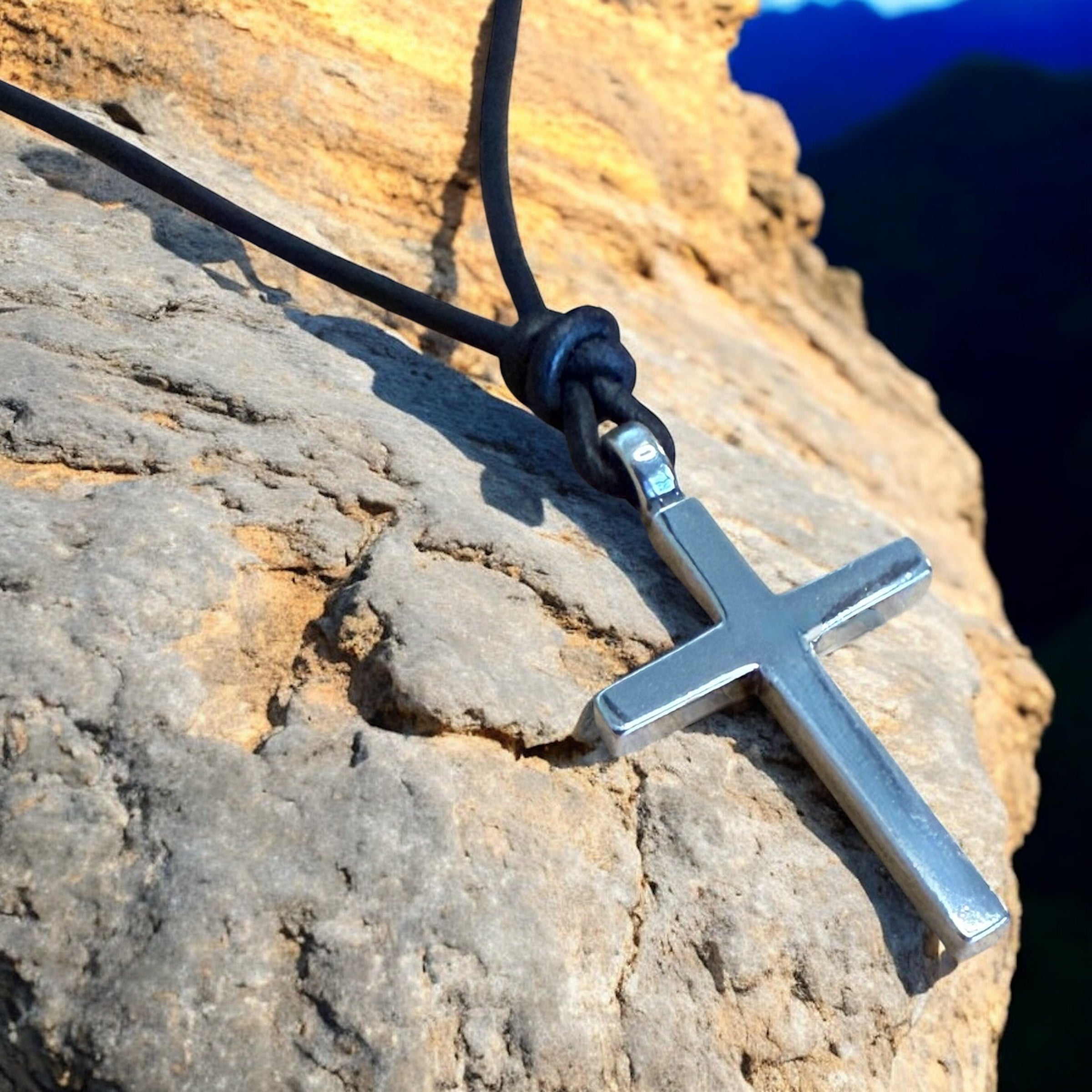 Classic Cross Necklace - Sterling Silver on Leather Cord